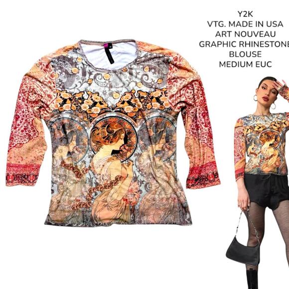 Y2K VTG. MADE IN USA ART NOUVEAU ALL OVER PRINT  NU CONSTRUCTION TOP MEDIUM‎ EUC - Picture 3 of 9